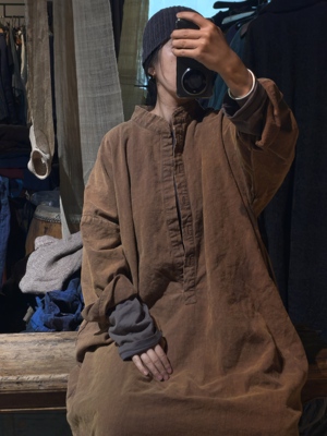 沉香布衣草堂套头连衣裙 长衣 亚麻 自制半开小立领做旧长袍a