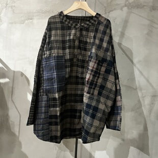沉香布衣草堂老布格子半开领衬衫 短衣补丁古古麦G25w11277