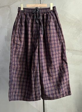 沉香布衣草堂 老布系带单层休闲裤 长裤古古麦格子阔腿裤GG26s009