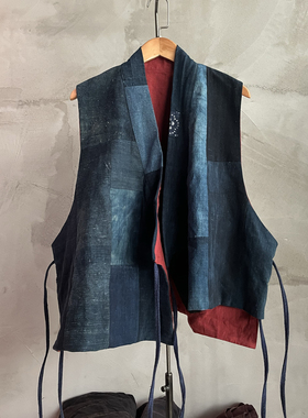 沉香布衣草堂 自制蓝染老布拼亚麻红双层短马甲 系带款C25u03028