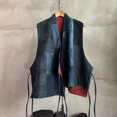 沉香布衣草堂 自制蓝染老布拼亚麻红双层短马甲 系带款C25u03028