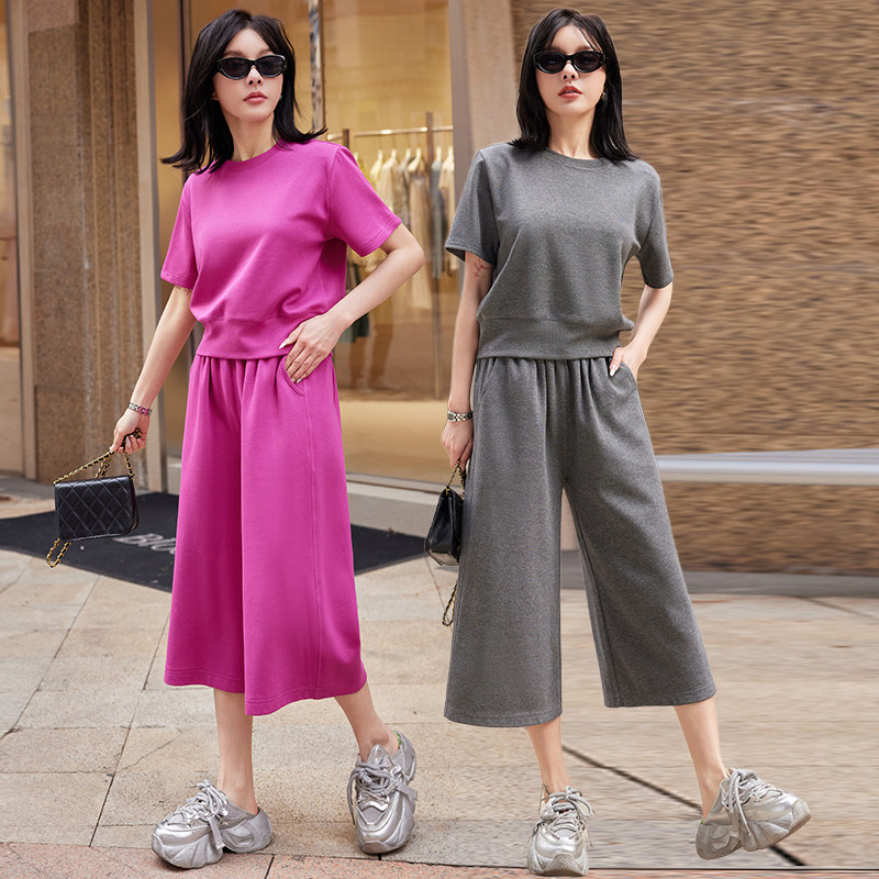 运动服套装女夏季新款时尚阔腿裤洋气减龄大码显瘦短袖休闲两件套