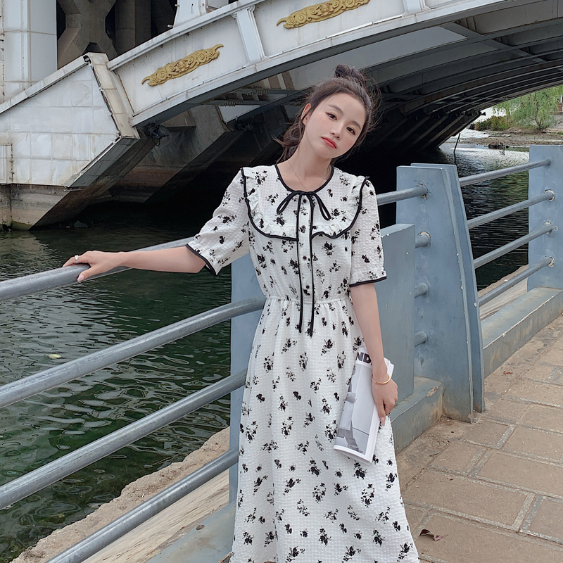 白色碎花娃娃领连衣裙优雅气质款182-8367-P110K168，女装连衣裙，帛香坊