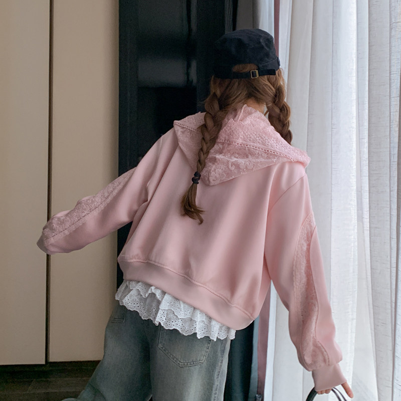 粉色蕾丝假两件棒球服短外套女2025春秋季新款小香风减龄夹克上衣,女装短外套,帛香坊