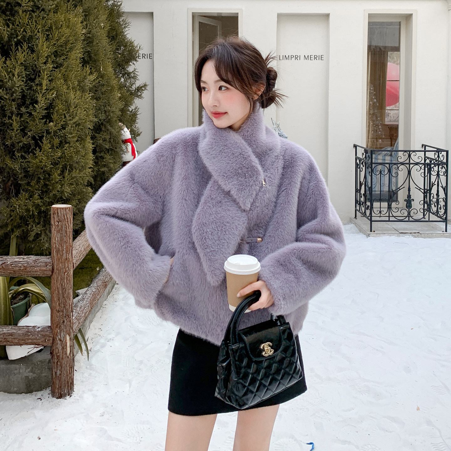 现货25冬装新款软糯可拆卸围脖领皮毛一体外套女182-8685P175K238,女装皮草,帛香坊