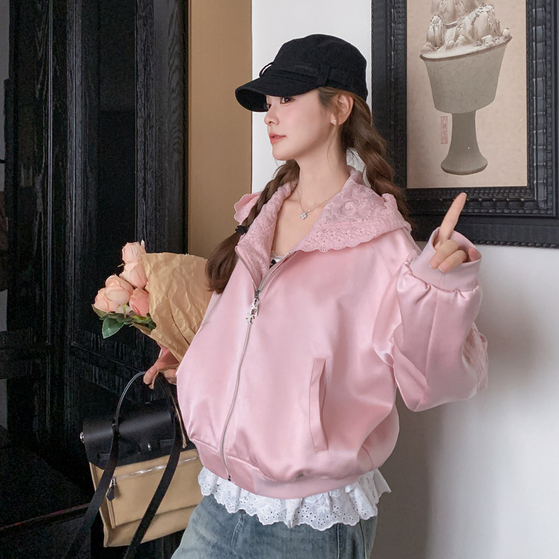 粉色蕾丝假两件棒球服短外套女2025春秋季新款小香风减龄夹克上衣,女装短外套,帛香坊