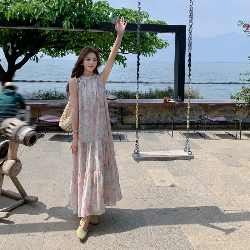 波西米亚风绝美海边度假A字裙夏季2026新款女绝美碎花挂脖连衣裙,女装连衣裙,帛香坊