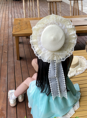 【WIOK】原创lolita蕾丝蝴蝶结飘带草帽洛丽塔蕾丝花边夏季遮阳帽