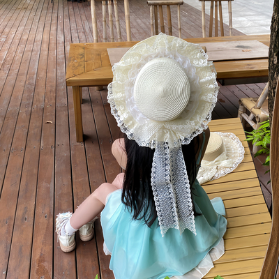 田园lolita蕾丝蝴蝶结飘带草帽