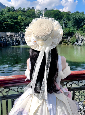 【wiok】手作lolita森系田园lo娘蕾丝蝴蝶结飘带草编日系遮阳草帽