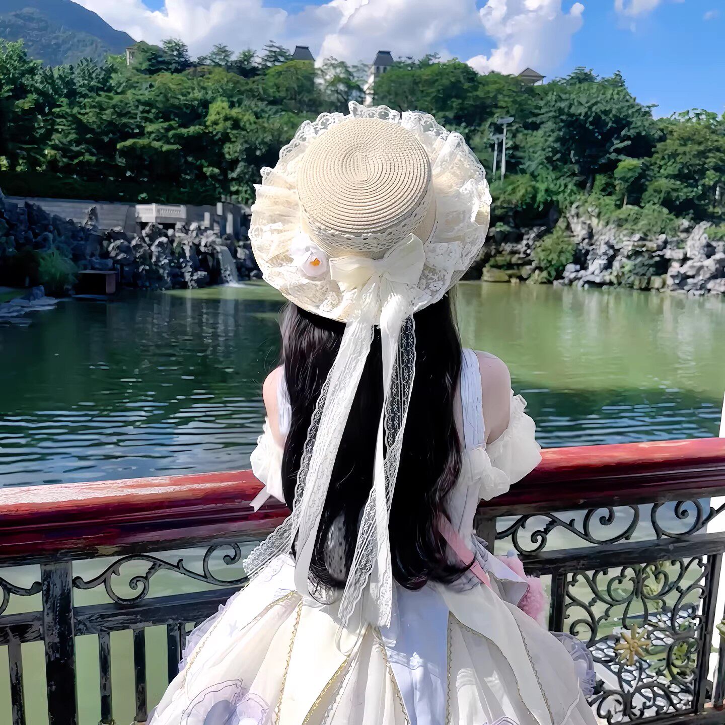 【wiok】手作lolita森系田园草帽lo娘蕾丝蝴蝶结飘带山茶花帽子