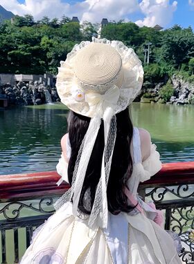 手作lolita山茶花蕾丝蝴蝶结草帽