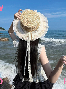 【WIOK】原创手作lolita夏季草帽女系  JK蕾丝花边蝴蝶结飘带帽子