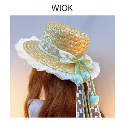 原创手作lolita飘带郁金香草帽