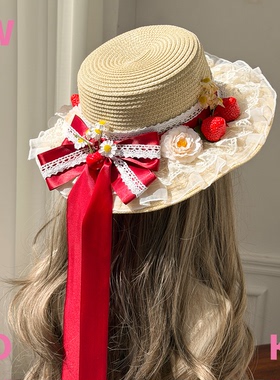 WIOK手作原创设计莓果甜礼蝴蝶结草帽lolita小雏菊系带田园水果系