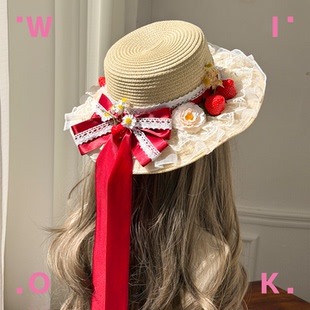 WIOK手作原创设计莓果甜礼蝴蝶结草帽lolita小雏菊系带田园水果系