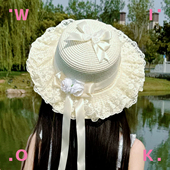 原创田园lolita蝴蝶结草帽女系夏季 WIOK 遮阳防晒蕾丝花边帽子