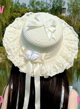 【WIOK】原创田园lolita蝴蝶结草帽女系夏季遮阳防晒蕾丝花边帽子