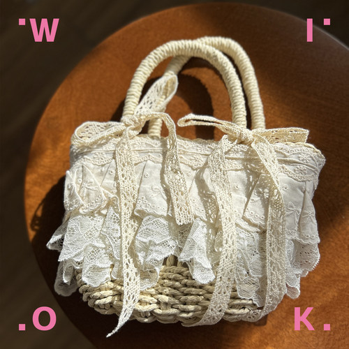 【WIOK】洛丽塔原创手作蕾丝草编包手提斜跨两用田园lo系沙滩包