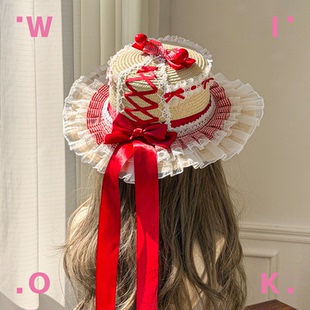 WIOK原创设计红格樱桃蕾丝洛丽塔草帽绑带蝴蝶结Lolita茶会小礼帽