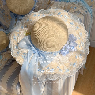 WIOK 原创晴日风铃蕾丝大蝴蝶结花卉草编Lolita海边度假沙滩帽子