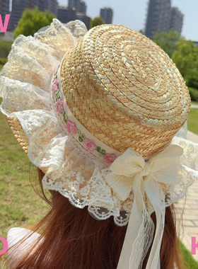 【WIOK】手作lolita森系田园lo娘蕾丝蝴蝶结飘带草编日系遮阳草帽