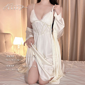 带胸垫性感冰雪丝两件套中袖 睡裙纯欲风蕾丝花边绑带诱惑睡衣女新