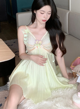 禁欲系冰丝性感露背蕾丝纯欲风睡衣家居服带胸垫吊带睡裙女