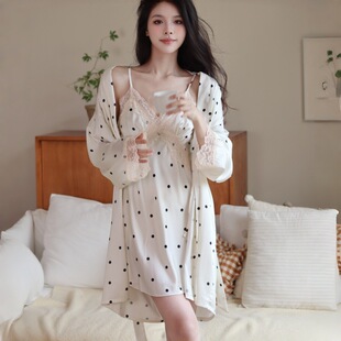 睡袍外袍 套装 网红甜美波点冰丝睡裙夏季 性感纯欲春秋睡衣吊带短裤