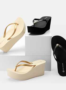 2026新款时尚超高跟夹脚人字拖女小码厚底坡跟黑色防滑沙滩凉拖鞋