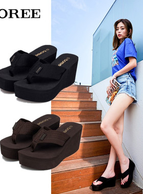 宝人黑色经典人字拖女外穿坡跟厚底防滑凉拖鞋松糕底百搭夹脚凉拖
