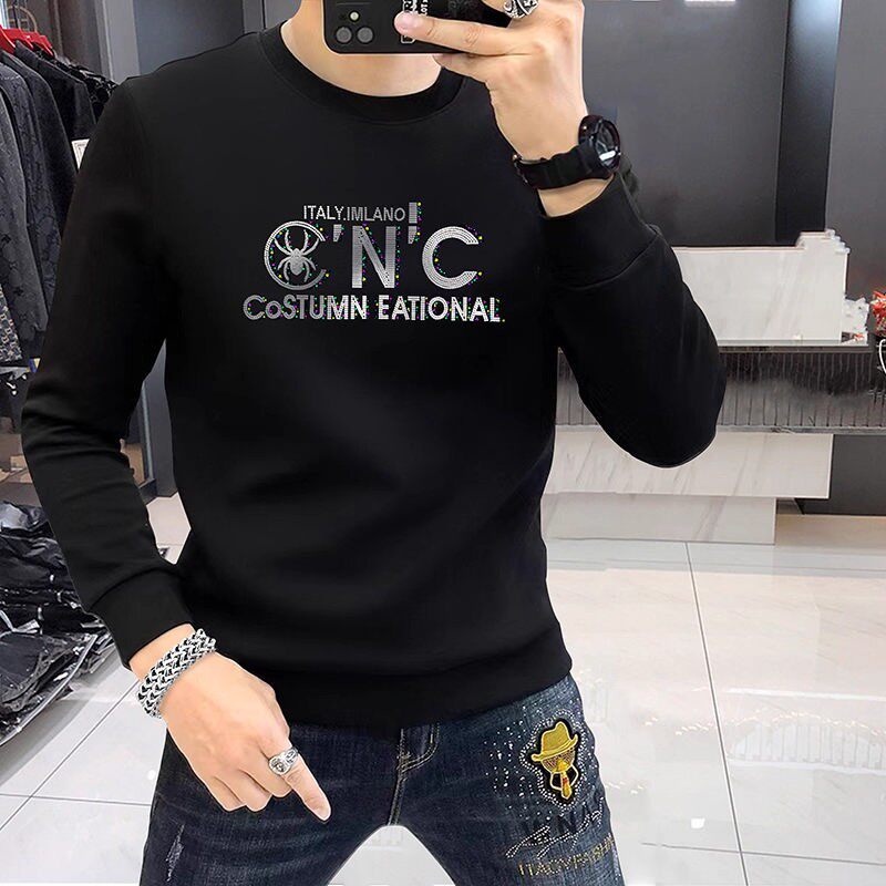 潮牌CNC卫衣男欧洲站圆领烫钻长袖T恤修身加绒保暖时尚百搭上衣