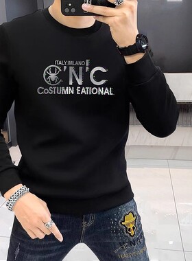 潮牌CNC卫衣男欧洲站圆领烫钻长袖T恤修身加绒保暖时尚百搭上衣