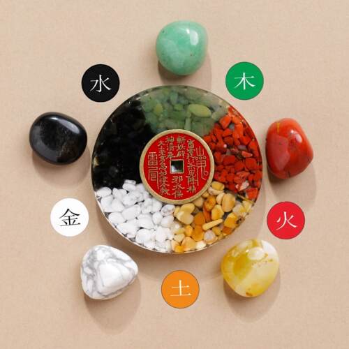 五色碎石天然水晶山鬼花钱摆件