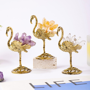 天然紫水晶簇火烈鸟摆件水晶原石单晶体金属工艺品家居装饰摆件