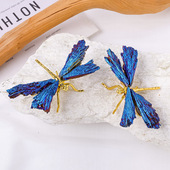 天然水晶电镀黑碧玺羽毛蜻蜓摆件电镀蓝羽毛蜻蜓水晶创意工艺品