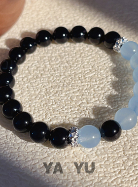 天然黑玛瑙冰海蓝玉髓手链手串