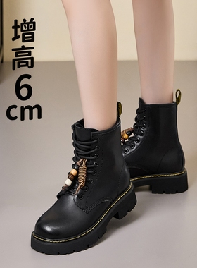 真皮内增高国风吊坠马丁靴女粗跟厚底八孔系带机车短靴小码33 34
