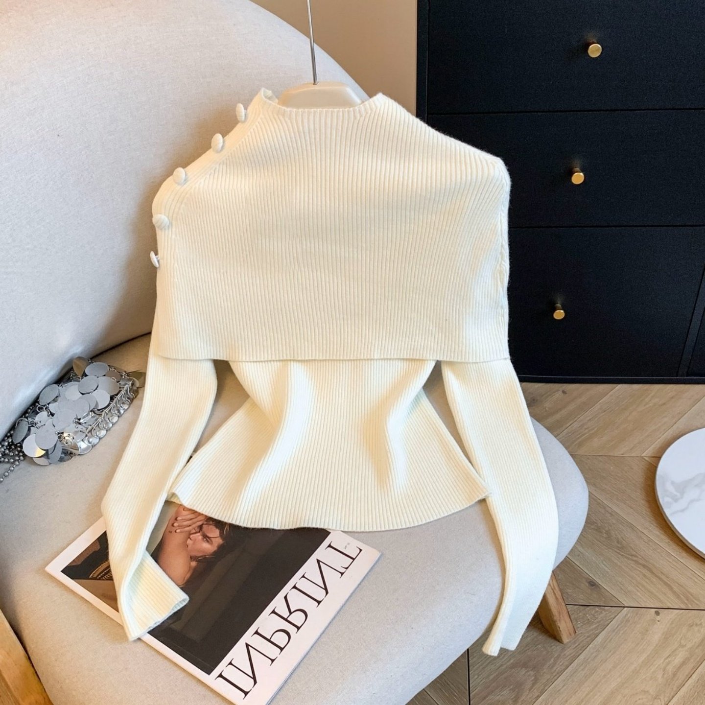 韩系不规则小斗篷开衫女秋冬季半高领设计感收腰显瘦百搭针织上衣,女装/女士精品,毛针织衫,淘宝优惠券,粉丝福利购,淘宝优惠卷