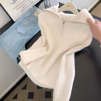 韩系半拉链翻领慵懒风毛衣女秋冬新款外穿显瘦软糯套头针织衫上衣