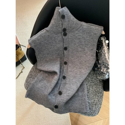 韩系慵懒风高领针织背心马甲女秋冬季新款小个子显瘦无袖毛衣马夹