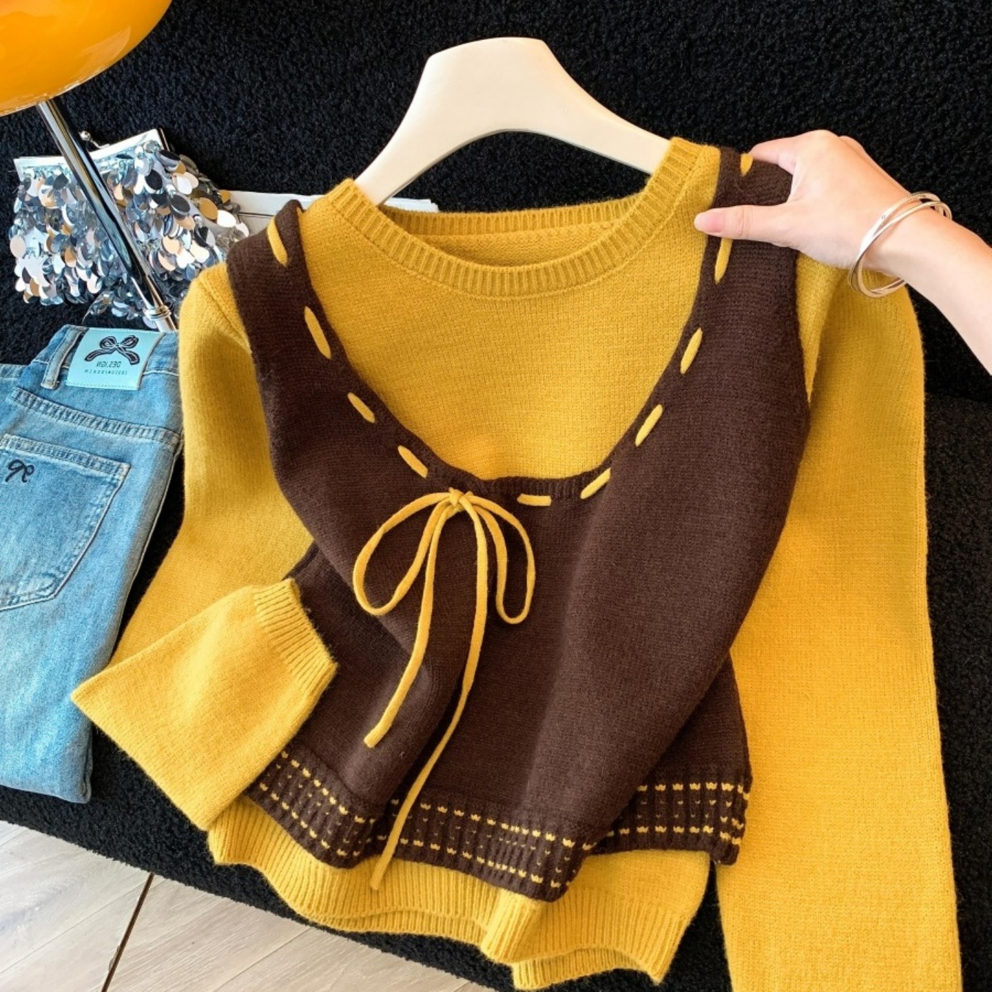韩系穿搭复古针织叠穿马甲两件套