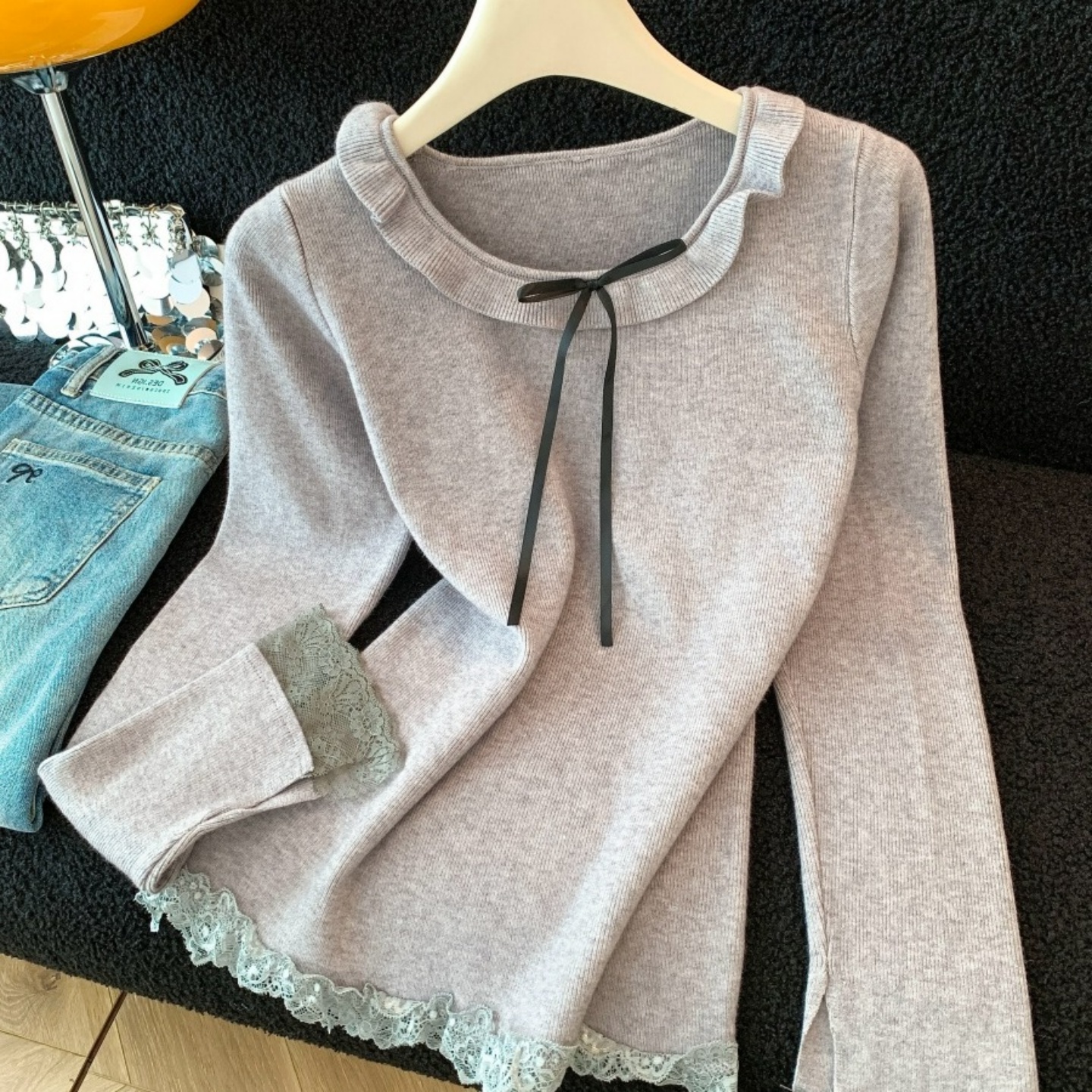 法式蕾丝边蝴蝶结长袖针织衫女