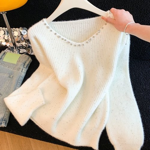 法式V领钉珠宽松套头毛衣女秋冬