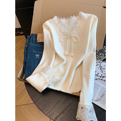 法式甜美风V领蕾丝蝴蝶结针织衫
