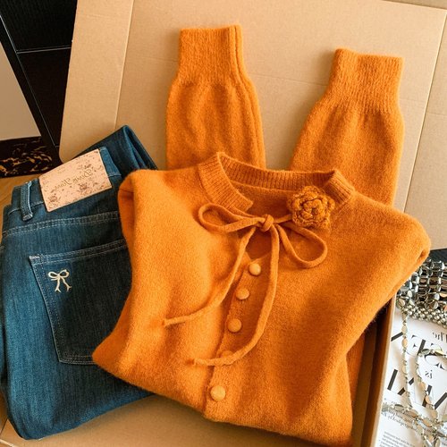 韩系V领蝴蝶结系带毛衣外套女