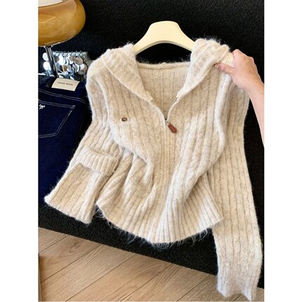 韩系慵懒风连帽毛衣外套女秋冬2025新款小个子显瘦短款针织开衫潮