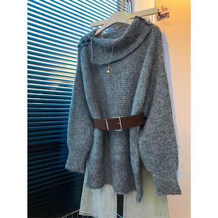 慵懒风不规则高领加厚毛衣女秋冬季时尚中长款宽松针织上衣配腰带