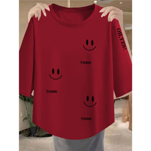 上衣圆领宽松显瘦百搭洋气减龄遮肉t恤 妈妈装 七分袖 纯棉春夏新款