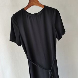 夏季TH重磅桑蚕丝短袖圆领连衣裙女气质显瘦系带通勤简约直筒裙子